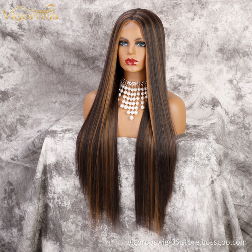 Vigorous Highlight Long Straight Synthetic Brown Wigs for Women Middle Part Natural heat resistant full Cosplay lace Wigs